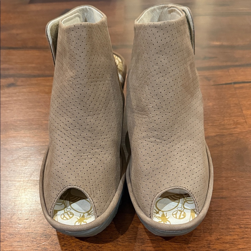 Fly London Taupe Peep-Toe Ankle Booties